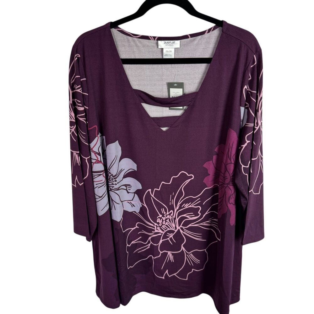Avenue Women's Top Blouse Size 26/28 Plum Purple Floral Print 3X Sleeves NEW